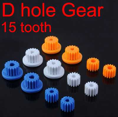 RCToy357.com - D-shaped hole Plastic gear 3/4mm hole gear motor gear blue white yellow gear 15 tooth spindle gear 0.5M - Click Image to Close